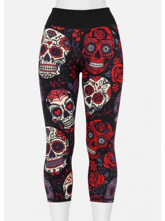 Constantly Varied Gear Pants - Constantly Varied Gear Black Cropped Leggings with Red & Cream Sugar Skull Print